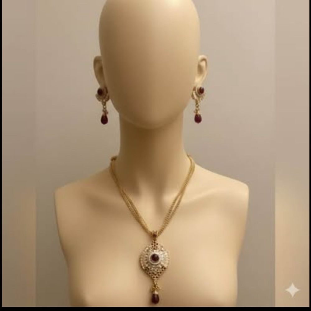 Elegant Gold-Tone & Ruby Red Cubic Zirconia Statement Set | Approx 22 inches